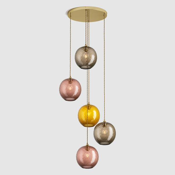 Ceiling lighting feature-Pick-n-Mix Ball Large - Diamond, Warm, 5 Drop Cluster-Polished Brass-Rothschild & Bickers