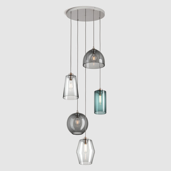 Ceiling lighting feature-Pick-n-Mix Combo Large - Plain, Cool, 5 Drop Cluster-Polished Nickel-Rothschild & Bickers