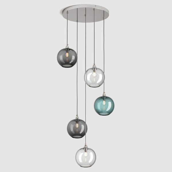 Ceiling lighting feature-Pick-n-Mix Ball Standard - Plain, Cool, 5 Drop Cluster-Polished Nickel-Rothschild & Bickers