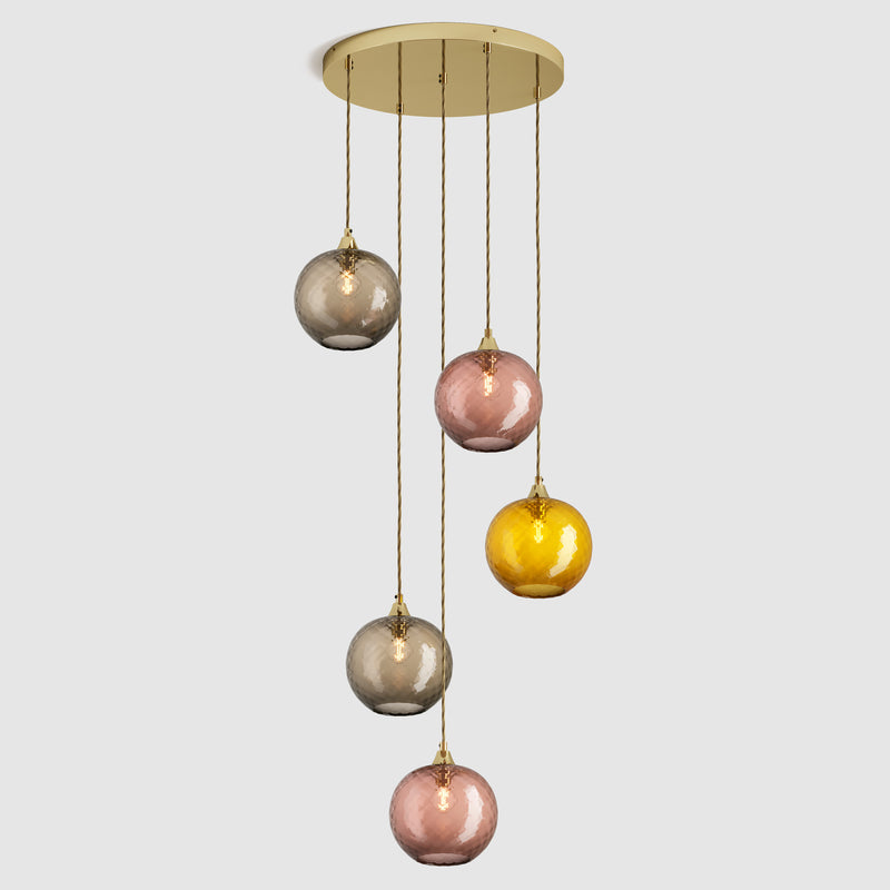 Ceiling lighting feature-Pick-n-Mix Ball Standard - Diamond, Warm, 5 Drop Cluster-Polished Brass-Rothschild & Bickers