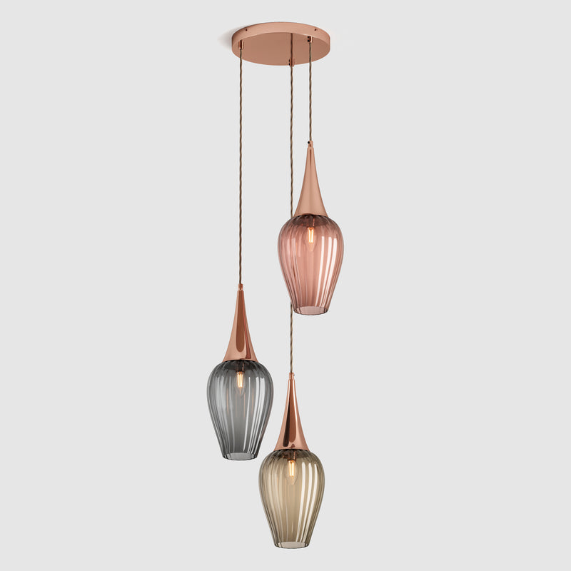 Ceiling lighting feature-Retro - Optic, 3 Drop Cluster-Polished Copper-Rothschild & Bickers