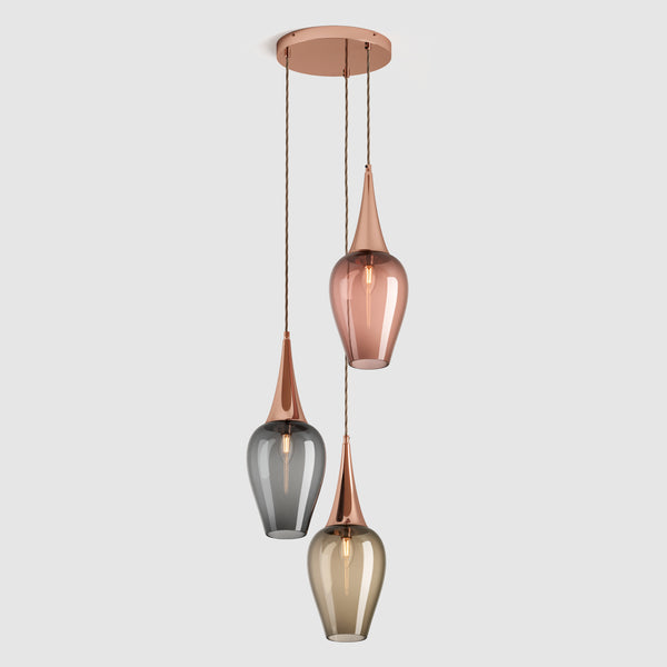 Ceiling lighting feature-Retro - Plain, 3 Drop Cluster-Polished Copper-Rothschild & Bickers