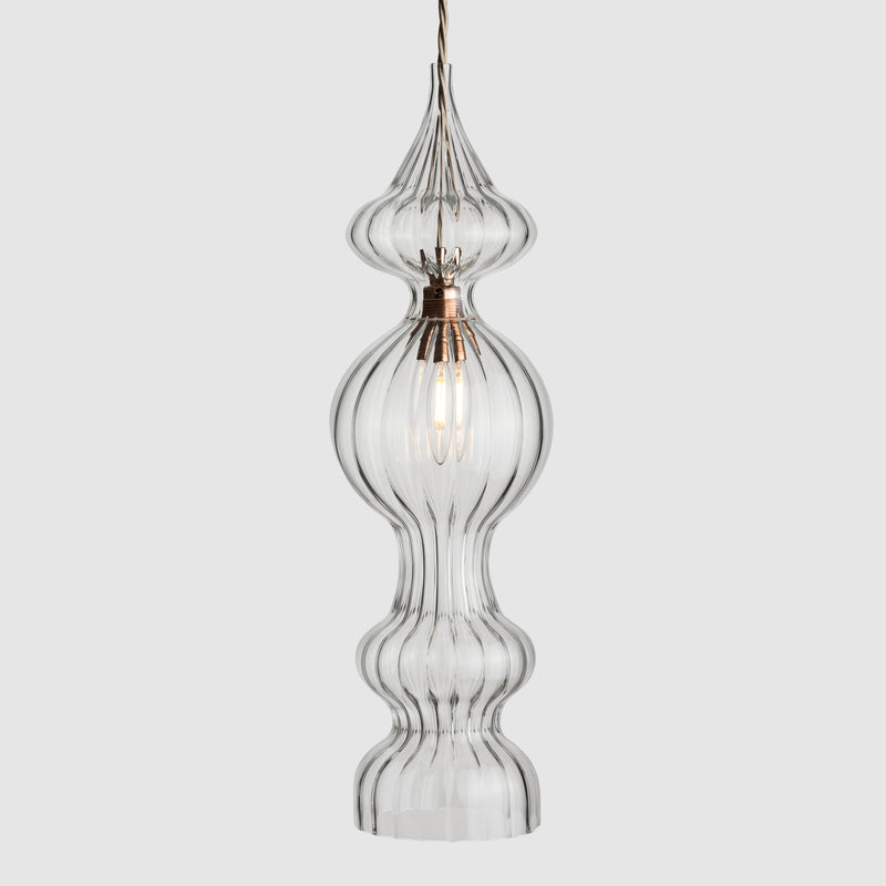 Ornate clear glass lights-Spindle Pendant 4 Bubble-Polished Copper-Rothschild & Bickers