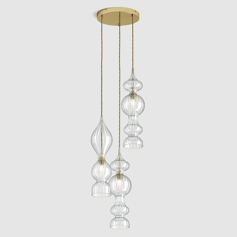 Ceiling lighting feature-Spindle Pendant - Polished Brass, 3 Drop Cluster-Polished Brass-Rothschild & Bickers