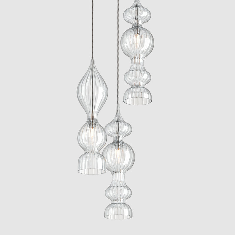 Ceiling lighting feature-Spindle Pendant - Polished Nickel, 3 Drop Cluster-Rothschild & Bickers