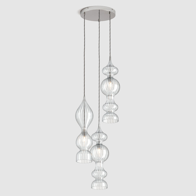 Ceiling lighting feature-Spindle Pendant - Polished Nickel, 3 Drop Cluster-Polished Nickel-Rothschild & Bickers