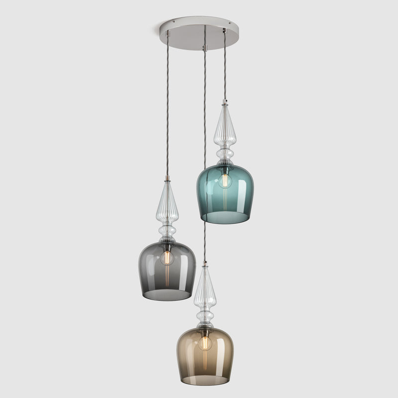 Ceiling lighting feature-Spindle Shade - Cool, 3 Drop Cluster-Polished Nickel-Rothschild & Bickers
