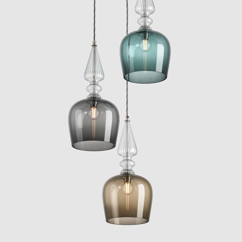 Ceiling lighting feature-Spindle Shade - Cool, 3 Drop Cluster-Rothschild & Bickers