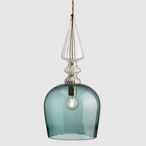 Ornate glass pendant light-Spindle Shade-Steel-Rothschild & Bickers