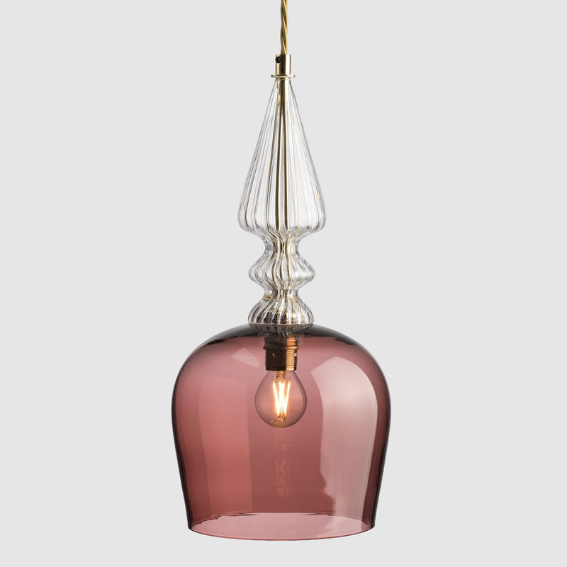 Tall cloche shaped tea glass pendant light  with decorative clear ribbed glass spindle feature and fabric covered flex