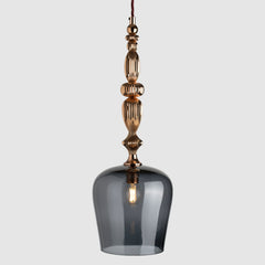 Grey coloured glass pendant light with decorative polished copper metal detail and fabric covered flex