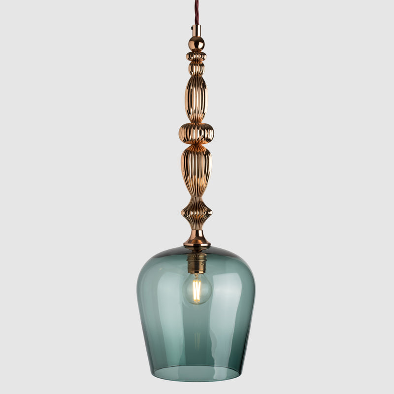 Steel coloured glass pendant light with decorative polished copper metal detail and fabric covered flex