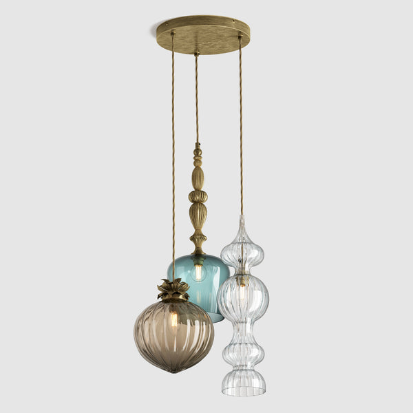 Ceiling lighting feature-Standing Mix - Cool, 3 Drop Cluster-Antique Brass-Rothschild & Bickers