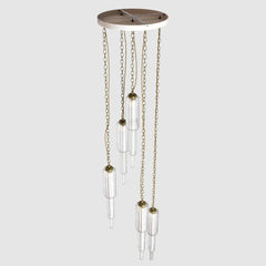 Ceiling lighting feature-Tiered Light - Antique Brass, 5 Drop Cluster-Rothschild & Bickers