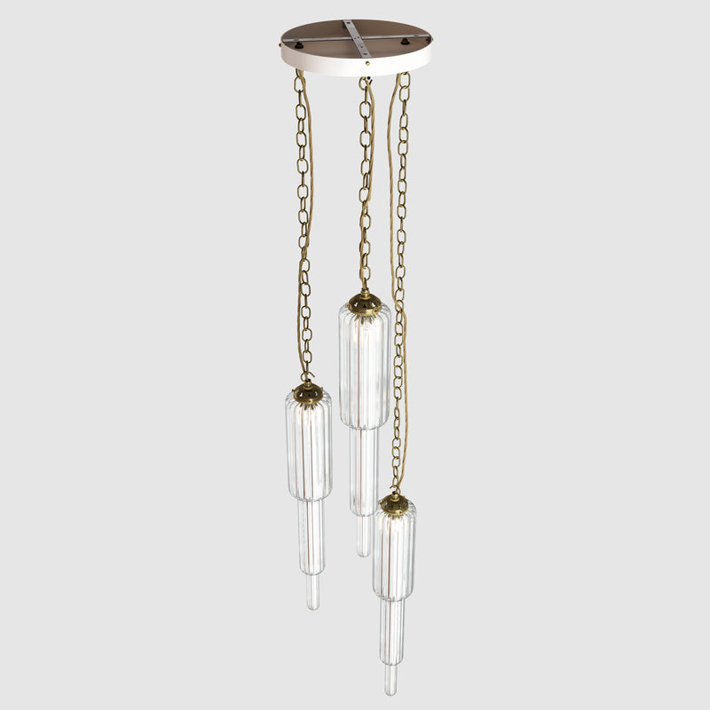 Ceiling lighting feature-Tiered Light - Antique Brass, 3 Drop Cluster-Rothschild & Bickers