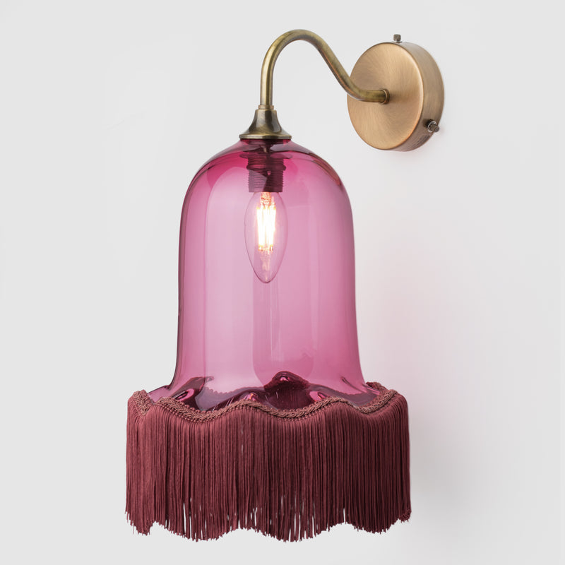Vintage Bell Wall sconce in Ruby glass with Burgundy lamp fringe