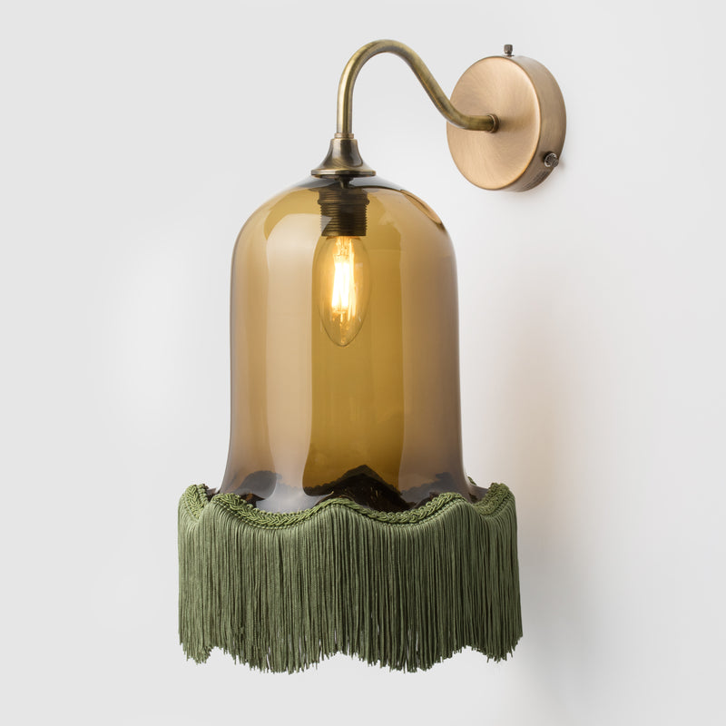 Vintage Bell Wall sconce in Sargasso glass with Cypress lamp fringe